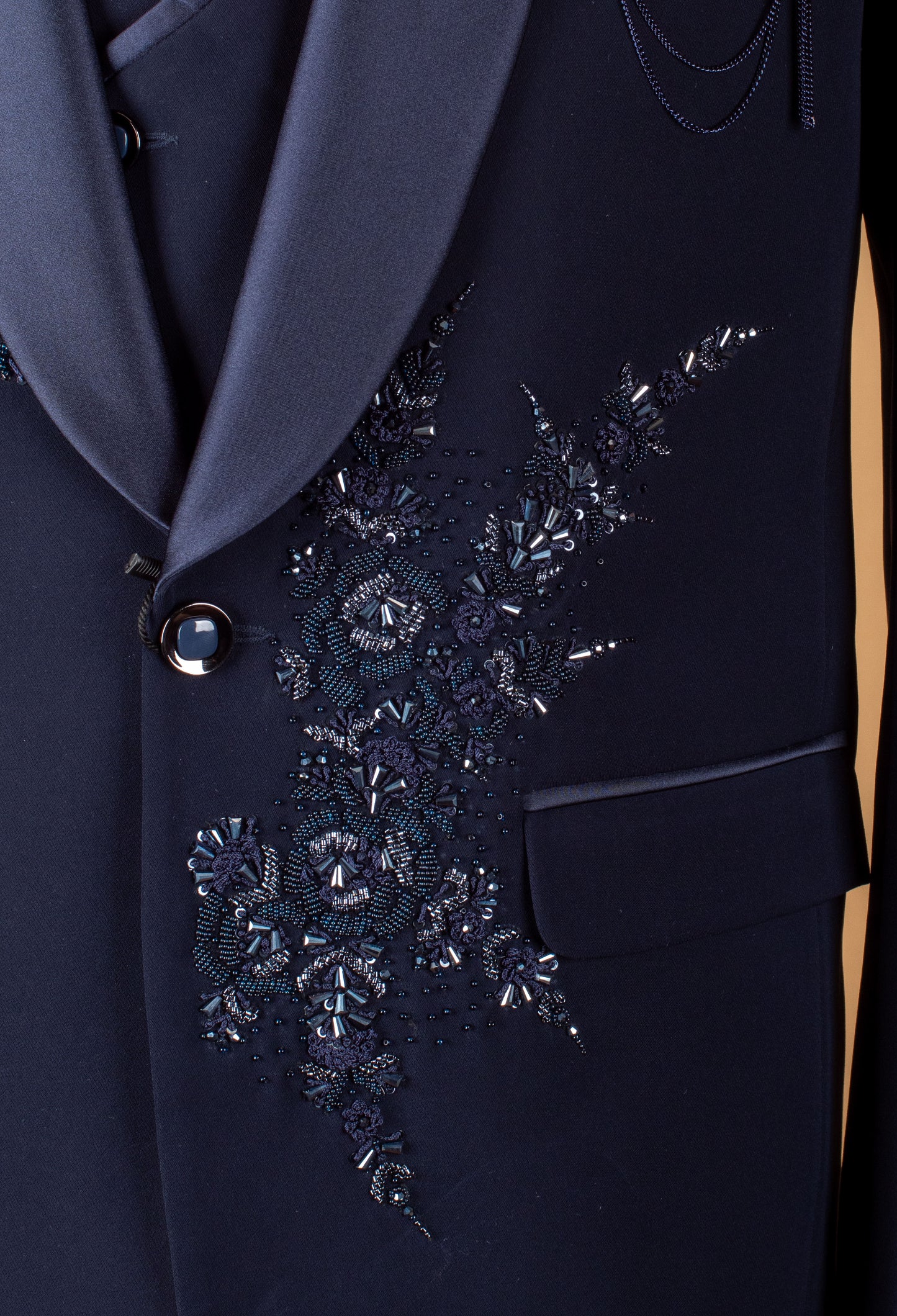 Midnight Blue Embellished Suit with Satin Lapel and Hand-Beaded Detailing