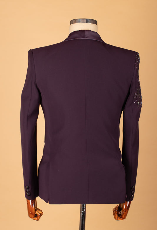 Plum embellished suit with satin lapel and shoulder beadwork – product image 2