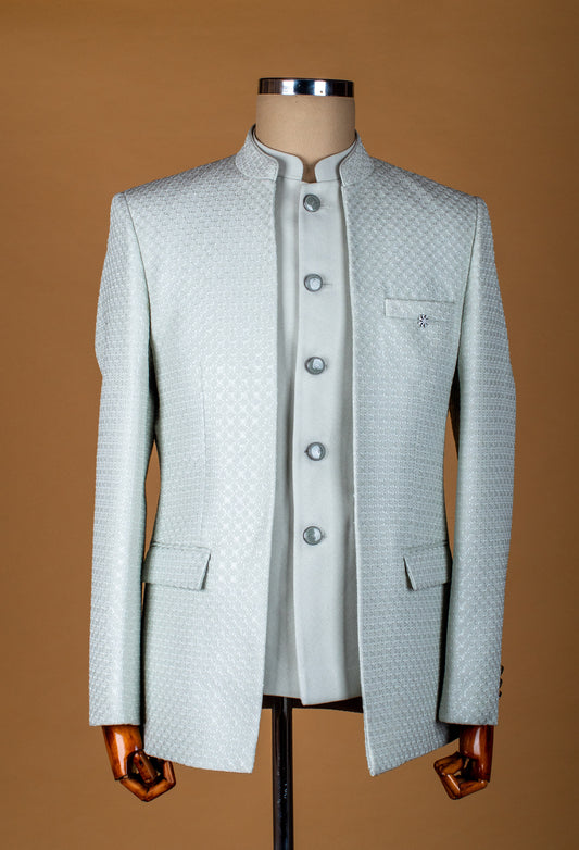 Mint Green Textured Bandhgala Suit with Satin Accents