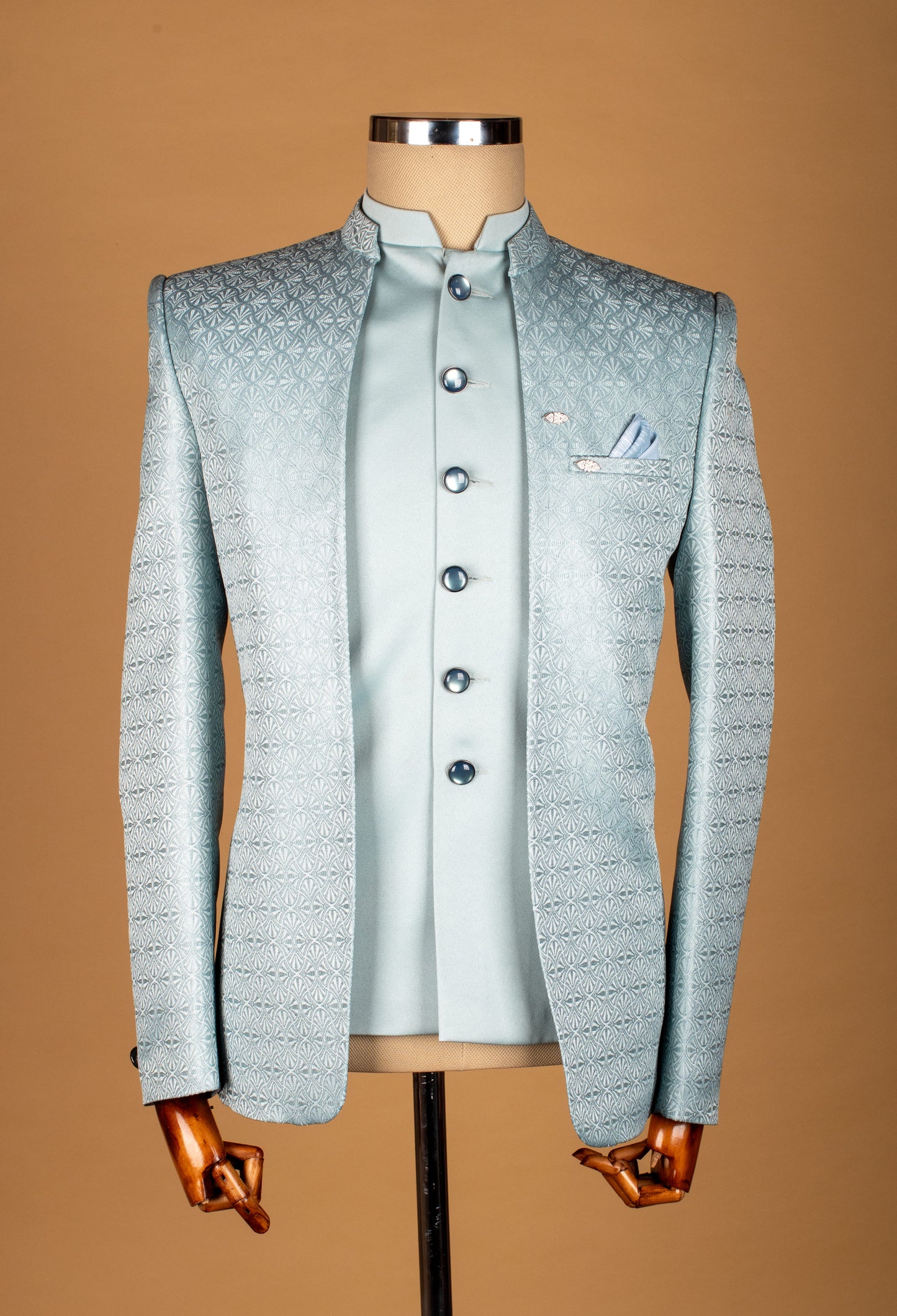 Ice Blue Textured Bandhgala Suit with Satin Detailing