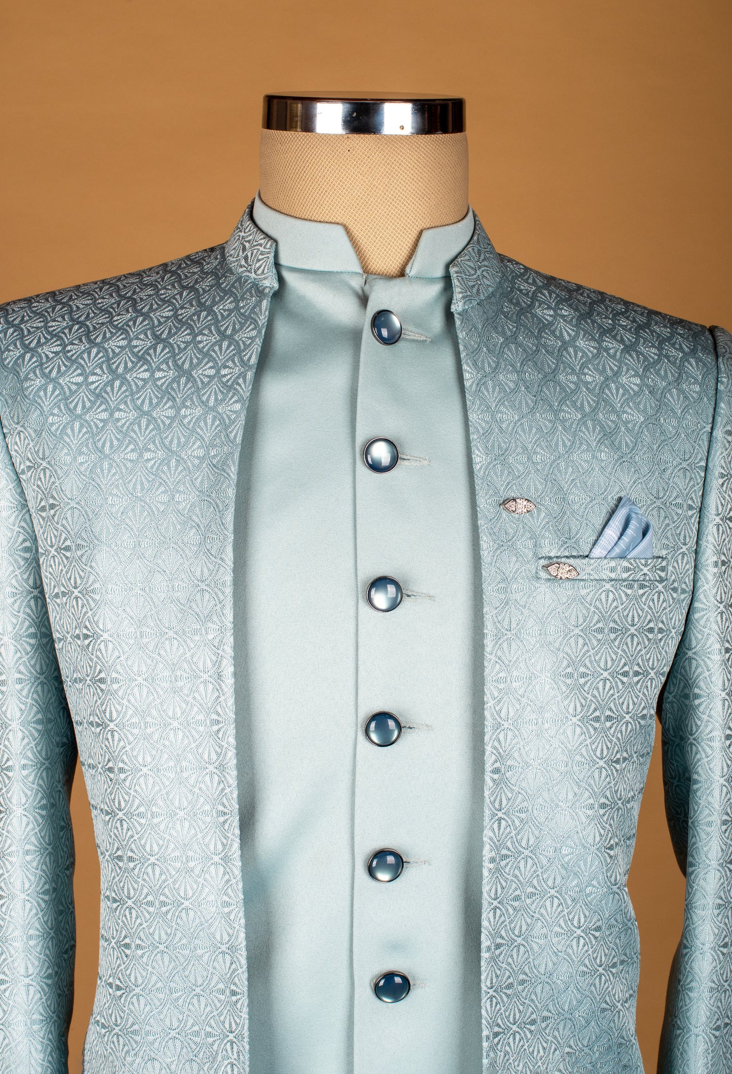 Ice Blue Textured Bandhgala Suit with Satin Detailing