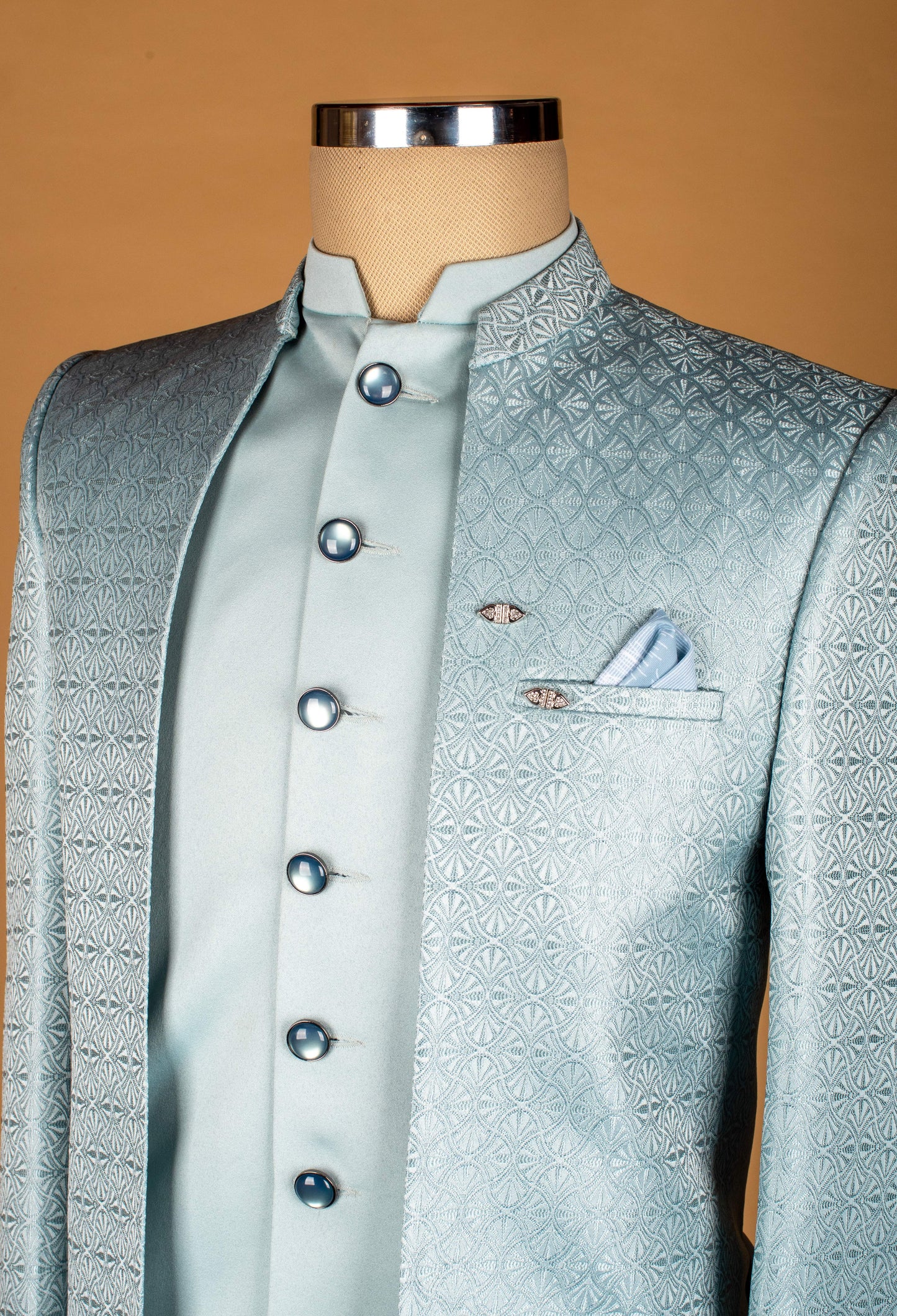 Ice Blue Textured Bandhgala Suit with Satin Detailing
