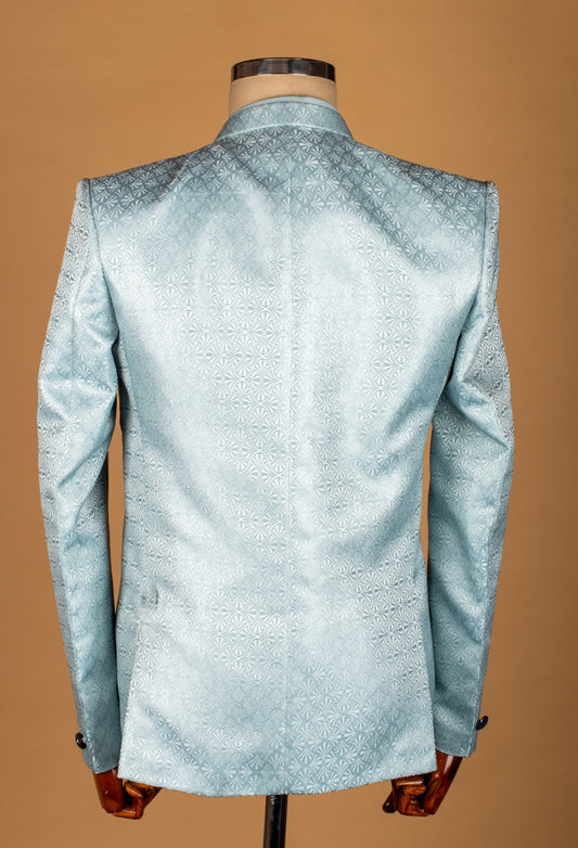 Ice blue textured Bandhgala suit with satin detailing – product image 2