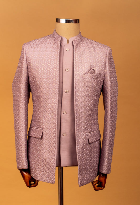 Dusty Lilac Textured Bandhgala Suit with Subtle Metallic Detailing
