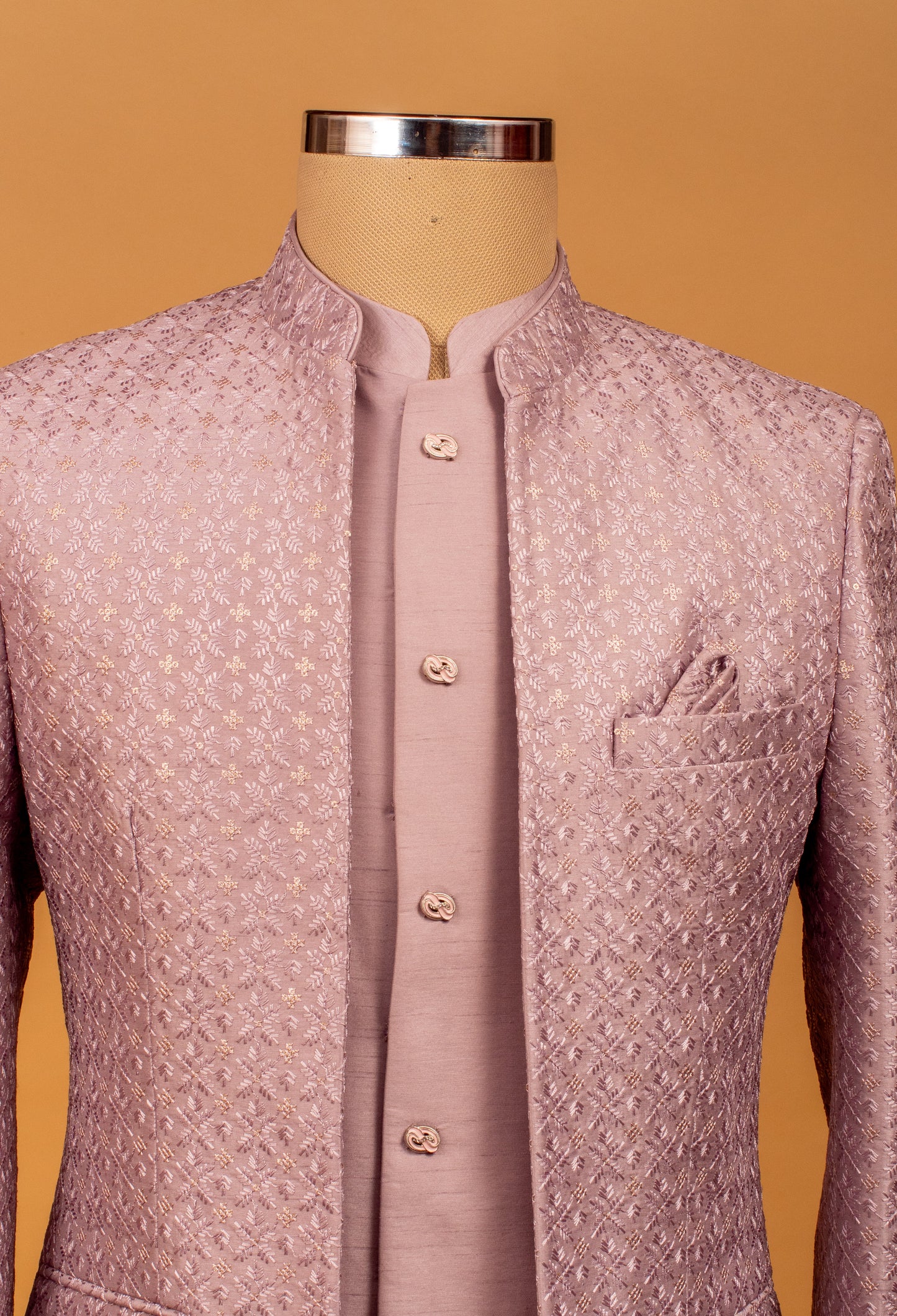 Dusty Lilac Textured Bandhgala Suit with Subtle Metallic Detailing