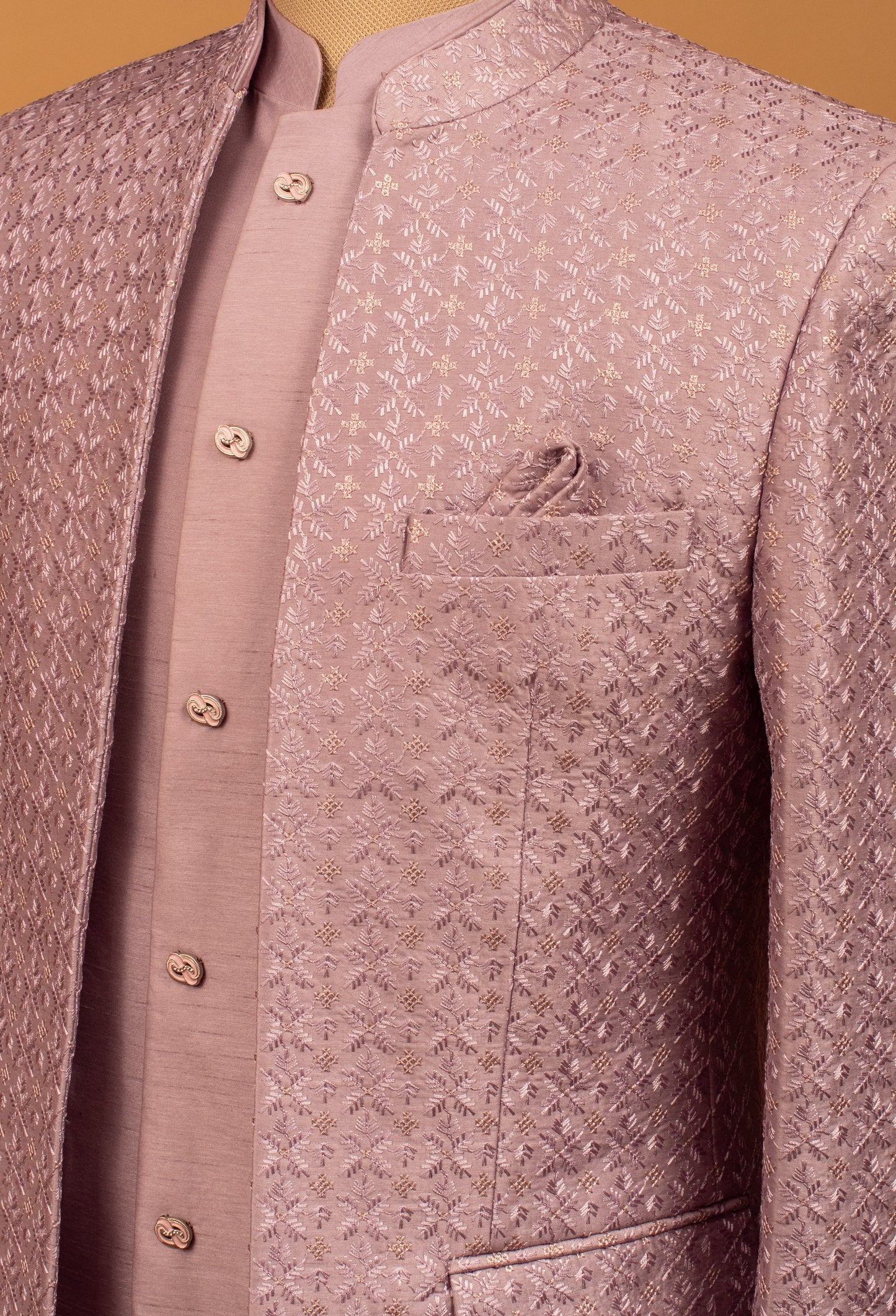 Dusty Lilac Textured Bandhgala Suit with Subtle Metallic Detailing