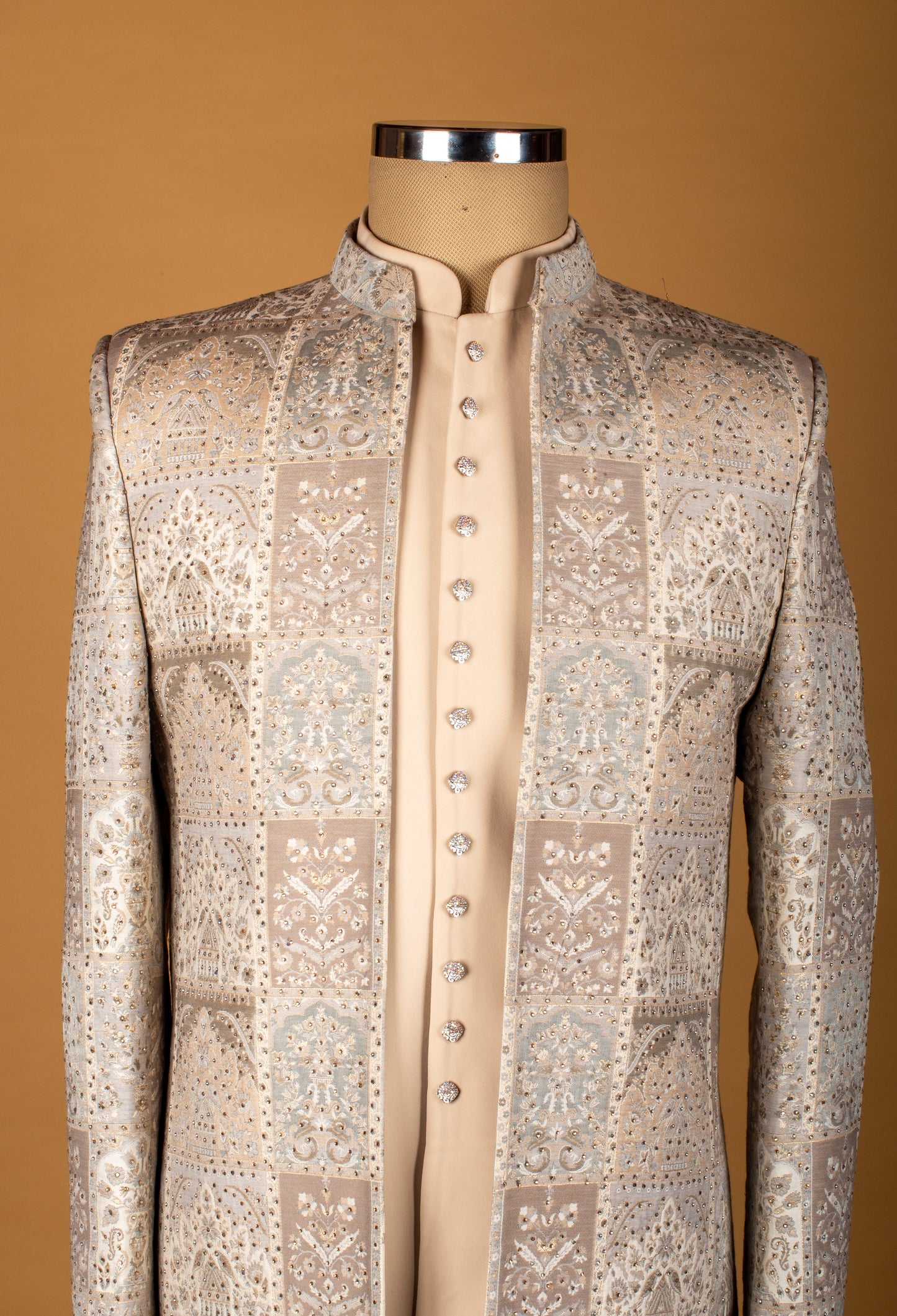 Beige and Silver Embroidered Sherwani with Mirror Work