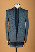 Teal Embroidered Sherwani with Geometric Detailing