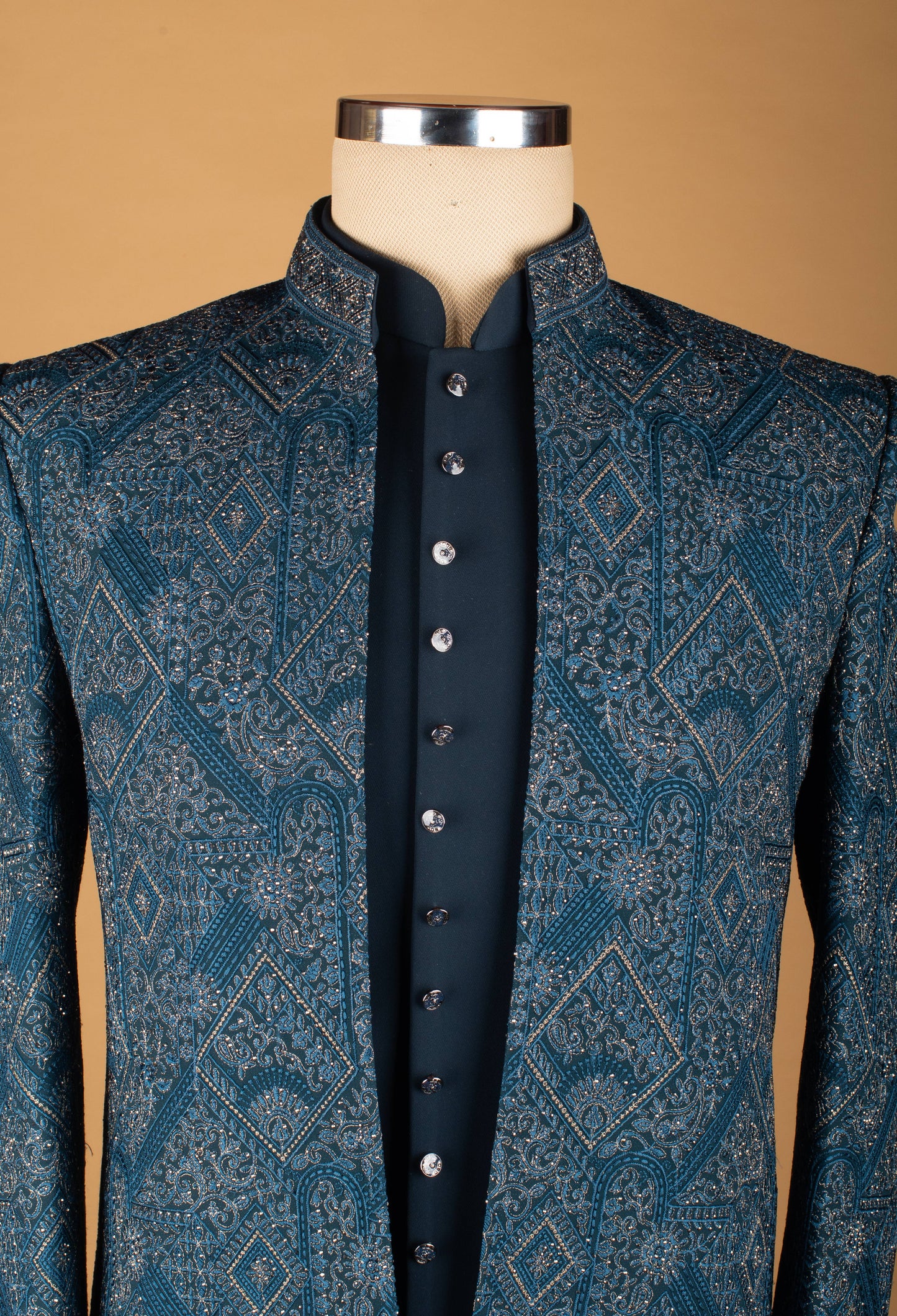 Teal Embroidered Sherwani with Geometric Detailing