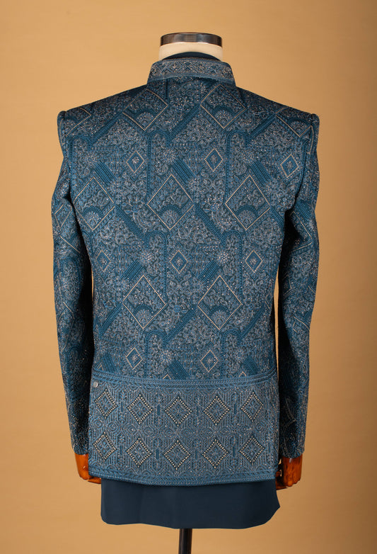 Teal embroidered sherwani with geometric detailing – product image 2