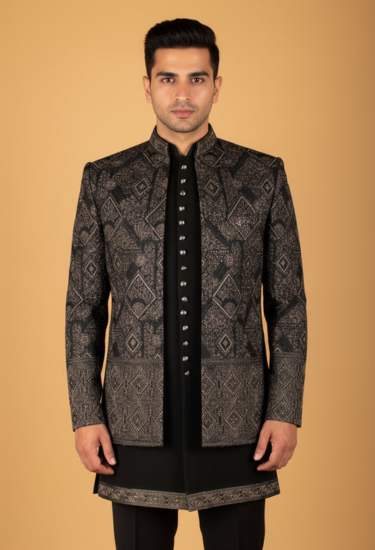 Black Embroidered Sherwani with Metallic Detailing