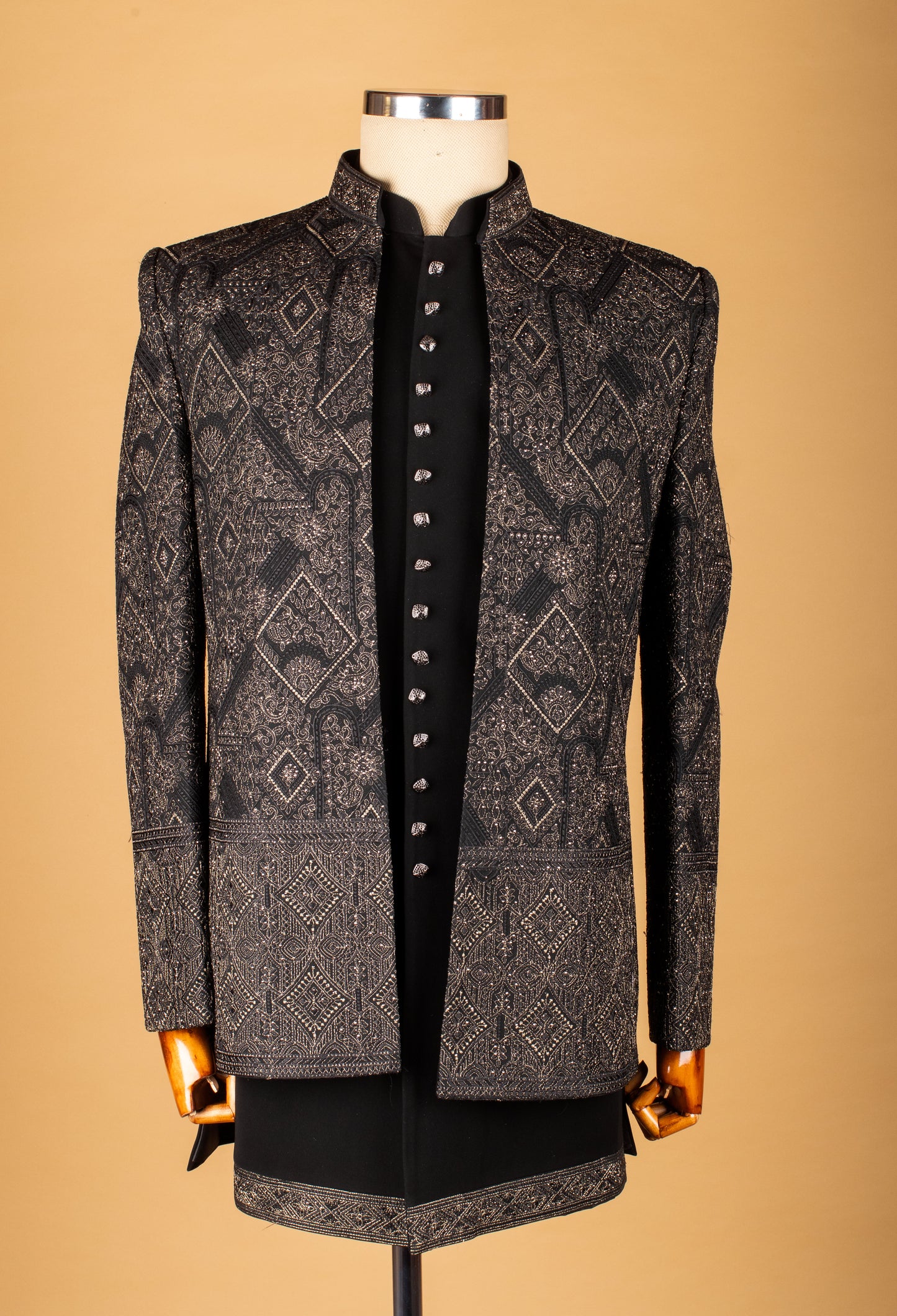 Black Embroidered Sherwani with Metallic Detailing