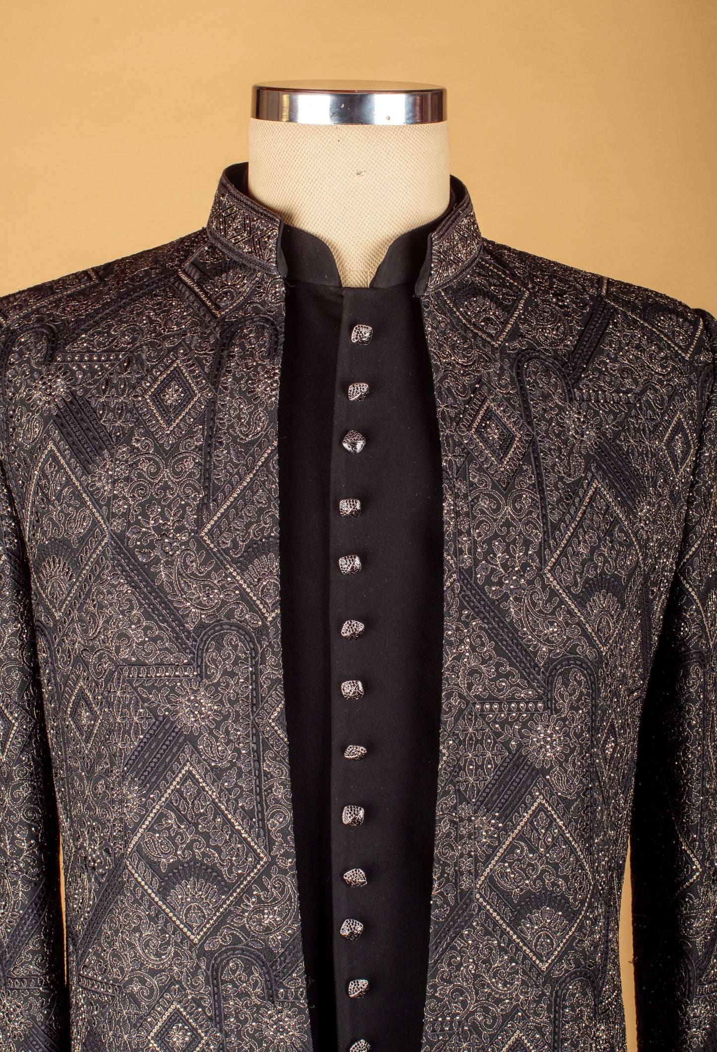 Black Embroidered Sherwani with Metallic Detailing