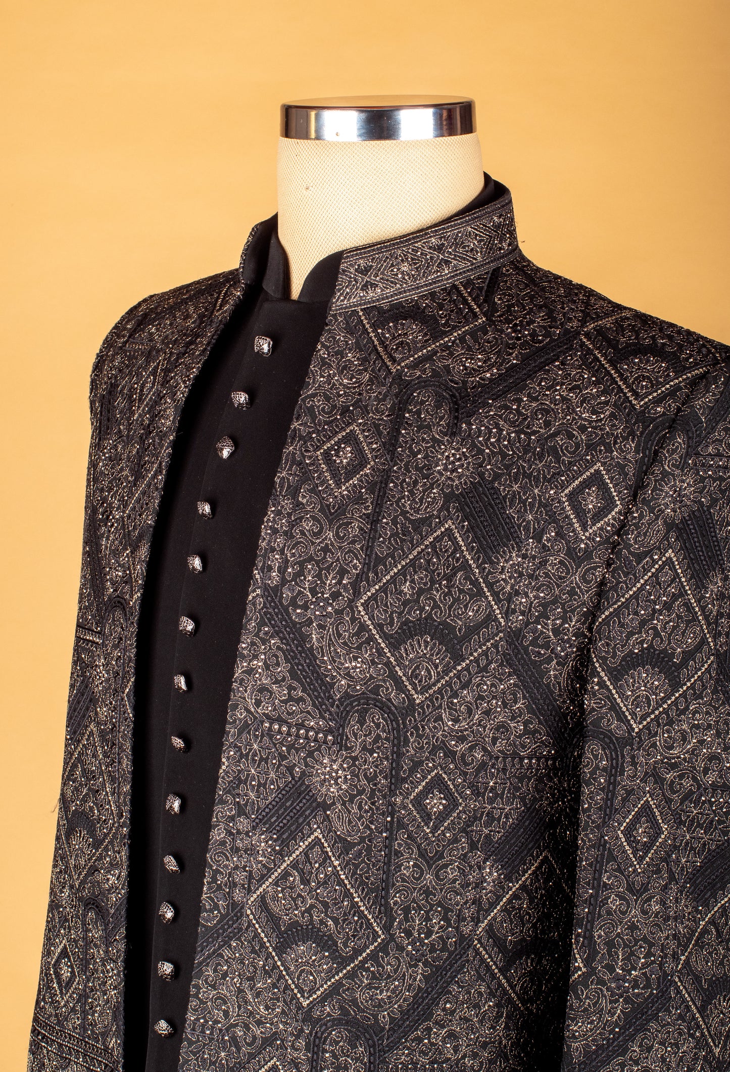 Black Embroidered Sherwani with Metallic Detailing