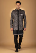 Black Indo-Western Sherwani with Silver Embroidery & Metallic Buttons – Designer Groom & Party Wear for Men