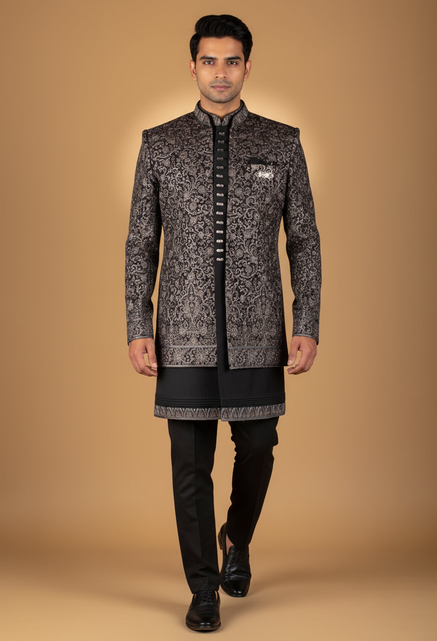 Black Indo-Western Sherwani with Silver Embroidery & Metallic Buttons – Designer Groom & Party Wear for Men