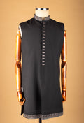 Black Indo-Western Sherwani with Silver Embroidery & Metallic Buttons – Designer Groom & Party Wear for Men
