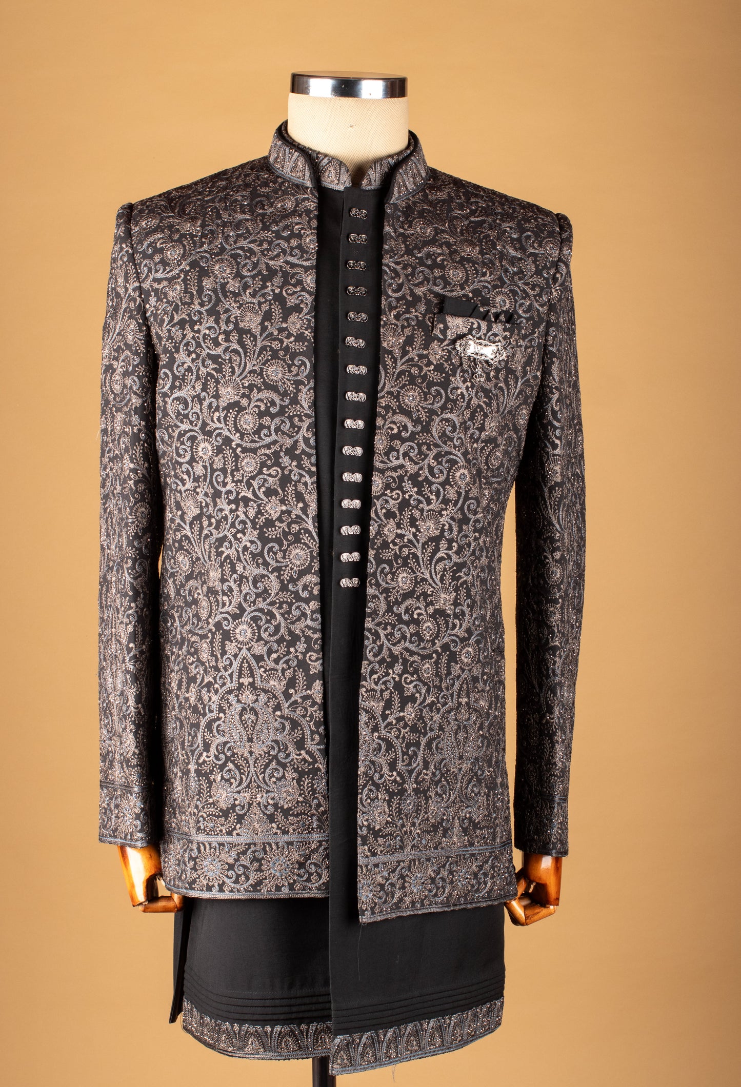 Black Indo-Western Sherwani with Silver Embroidery & Metallic Buttons – Designer Groom & Party Wear for Men