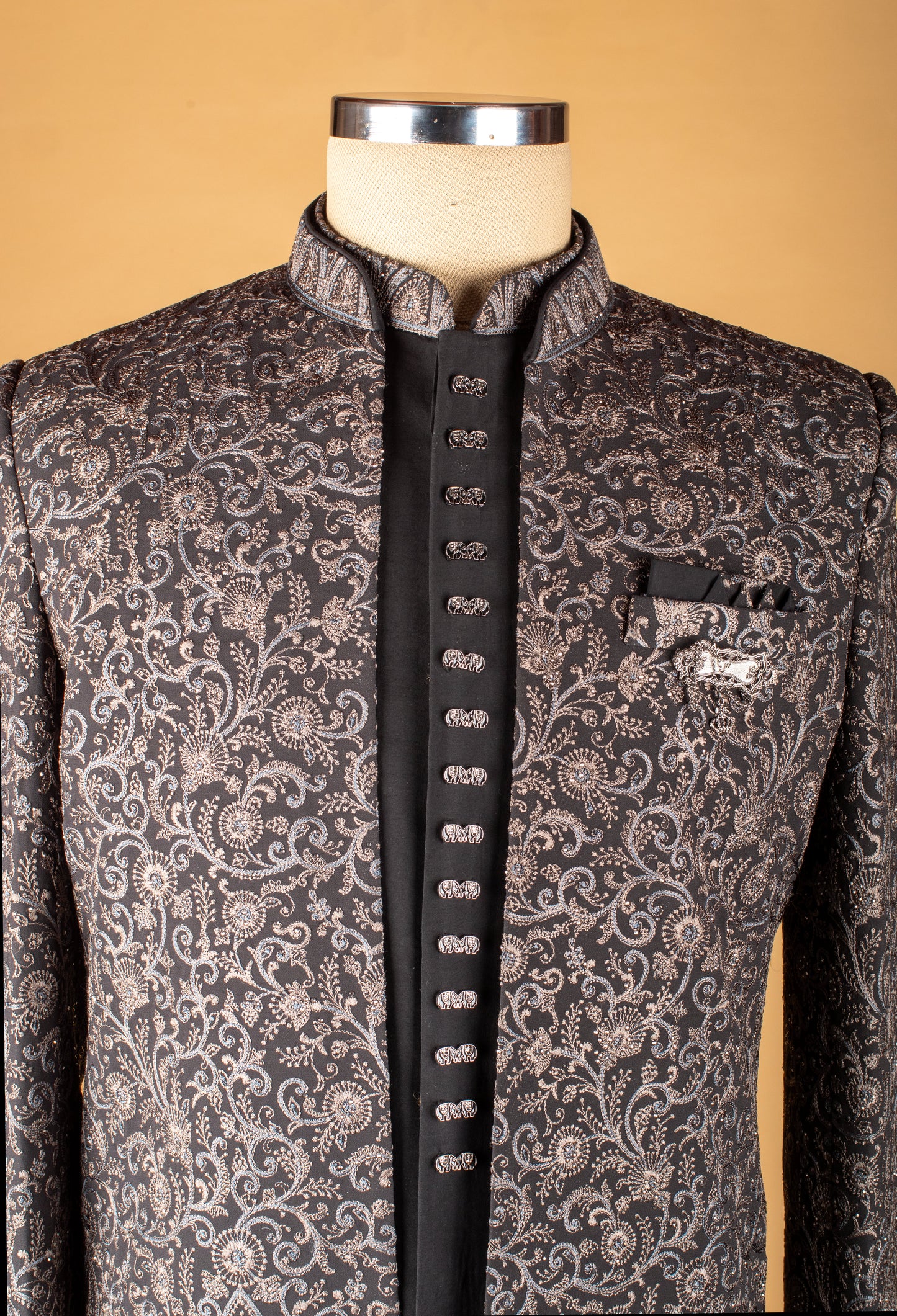 Black Indo-Western Sherwani with Silver Embroidery & Metallic Buttons – Designer Groom & Party Wear for Men