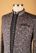 Black Indo-Western Sherwani with Silver Embroidery & Metallic Buttons – Designer Groom & Party Wear for Men