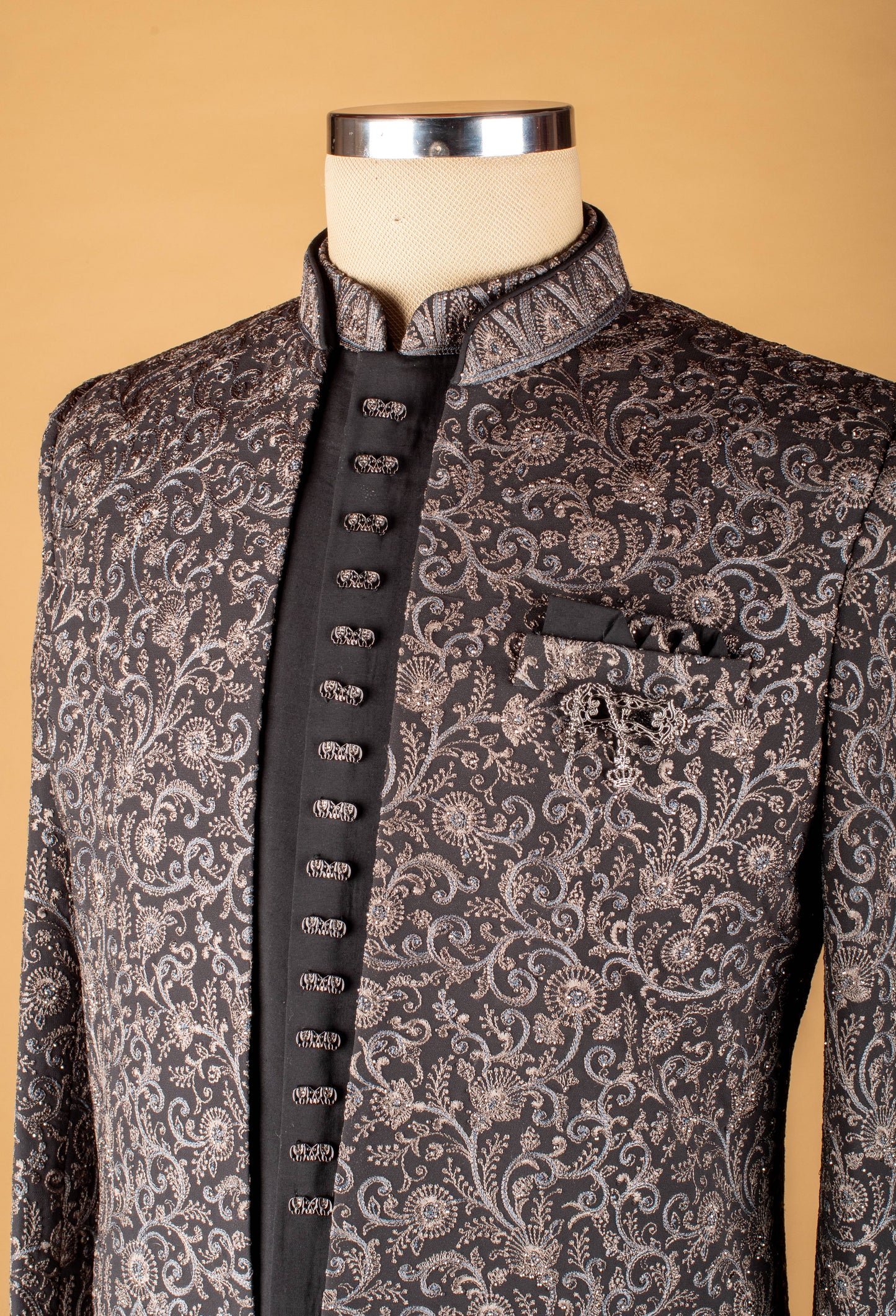 Black Indo-Western Sherwani with Silver Embroidery & Metallic Buttons – Designer Groom & Party Wear for Men
