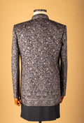 Black Indo-Western Sherwani with Silver Embroidery & Metallic Buttons – Designer Groom & Party Wear for Men