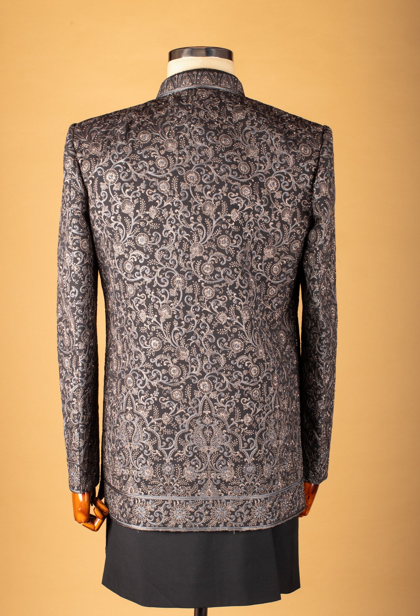 Black Indo-Western Sherwani with Silver Embroidery & Metallic Buttons – Designer Groom & Party Wear for Men