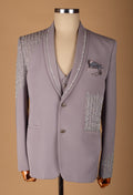 Taupe Embellished Three-Piece Suit with Beaded Detailing and Bow Tie
