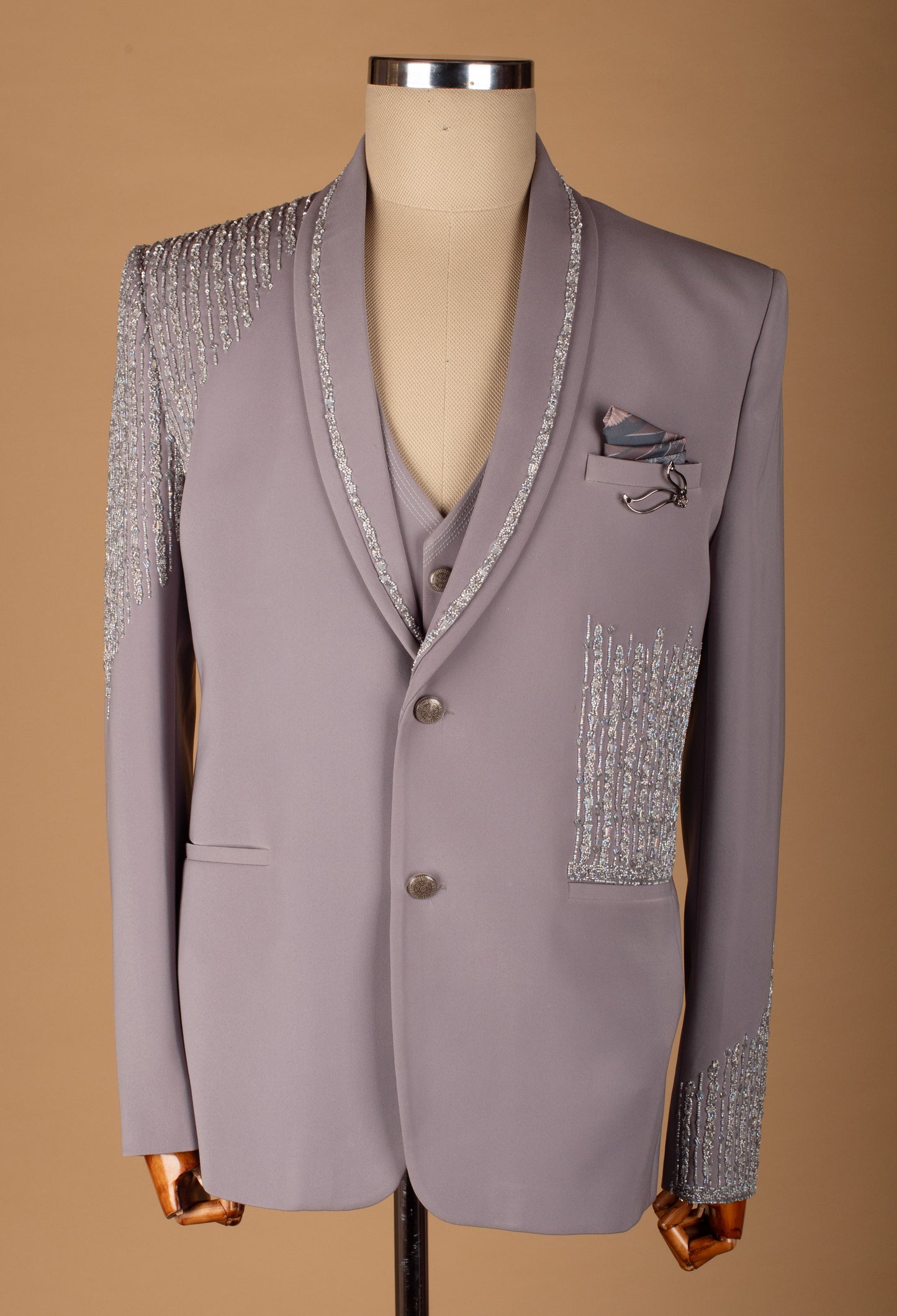 Taupe Embellished Three-Piece Suit with Beaded Detailing and Bow Tie