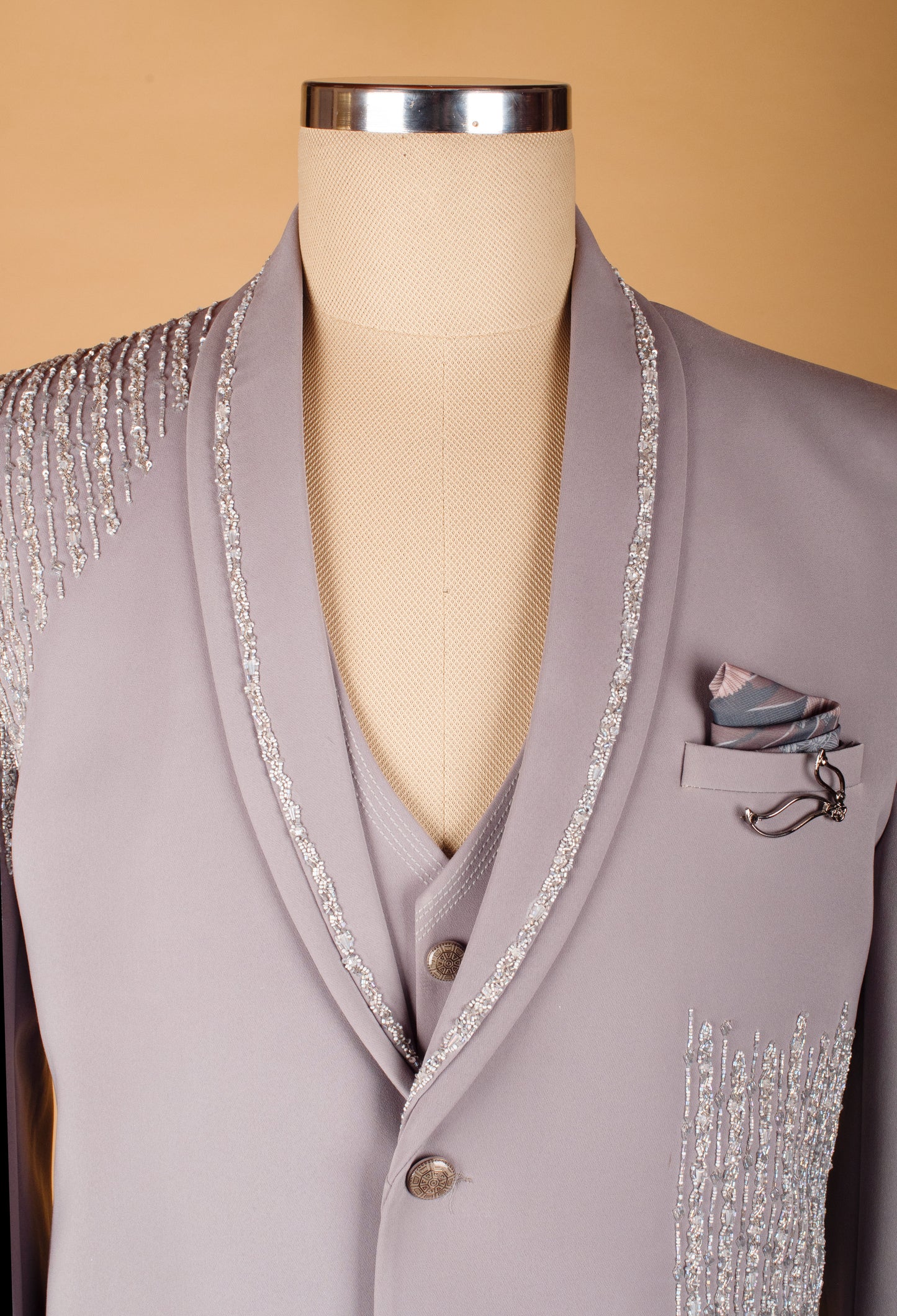 Taupe Embellished Three-Piece Suit with Beaded Detailing and Bow Tie