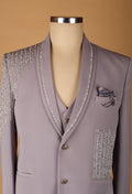 Taupe Embellished Three-Piece Suit with Beaded Detailing and Bow Tie