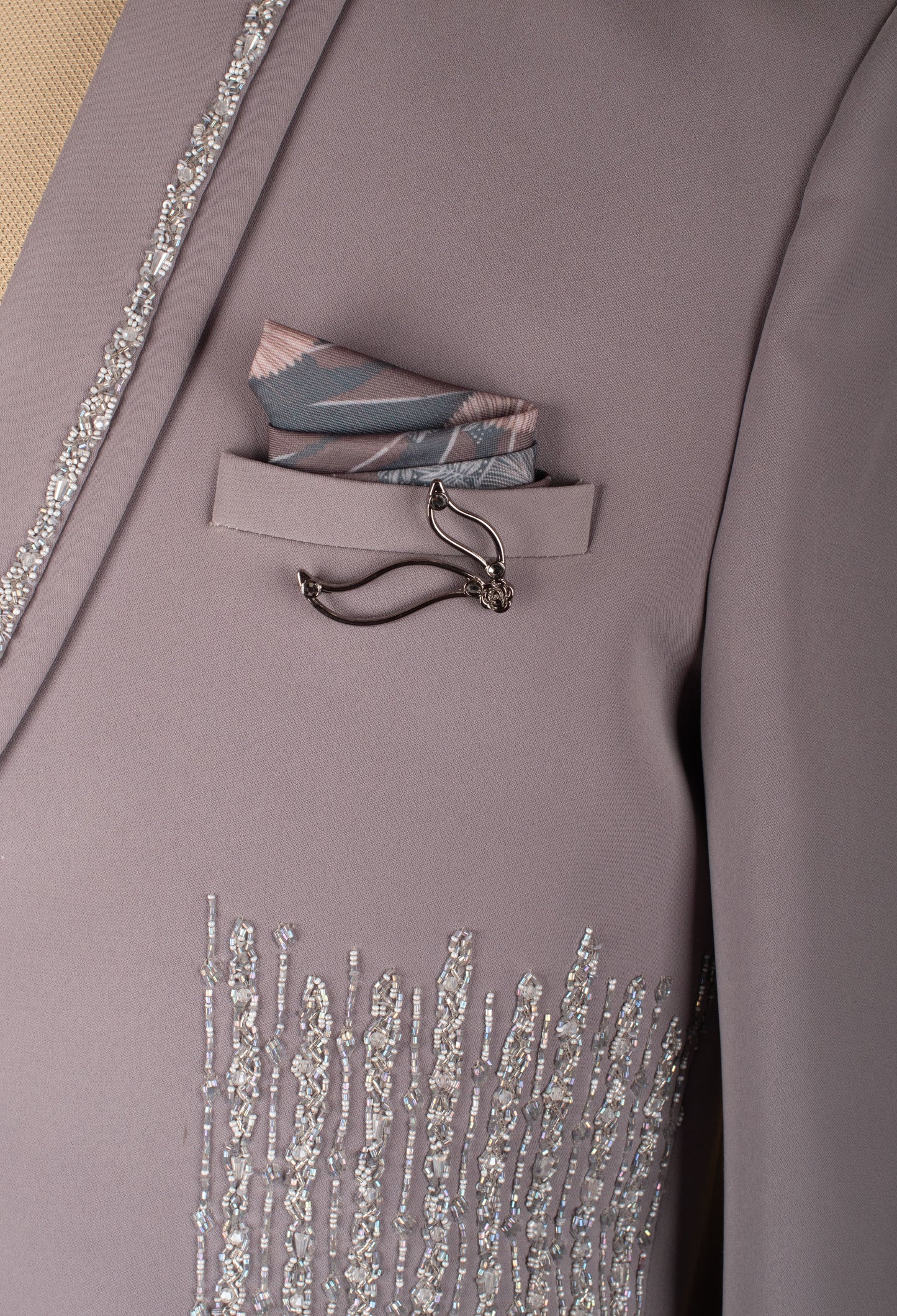 Taupe Embellished Three-Piece Suit with Beaded Detailing and Bow Tie