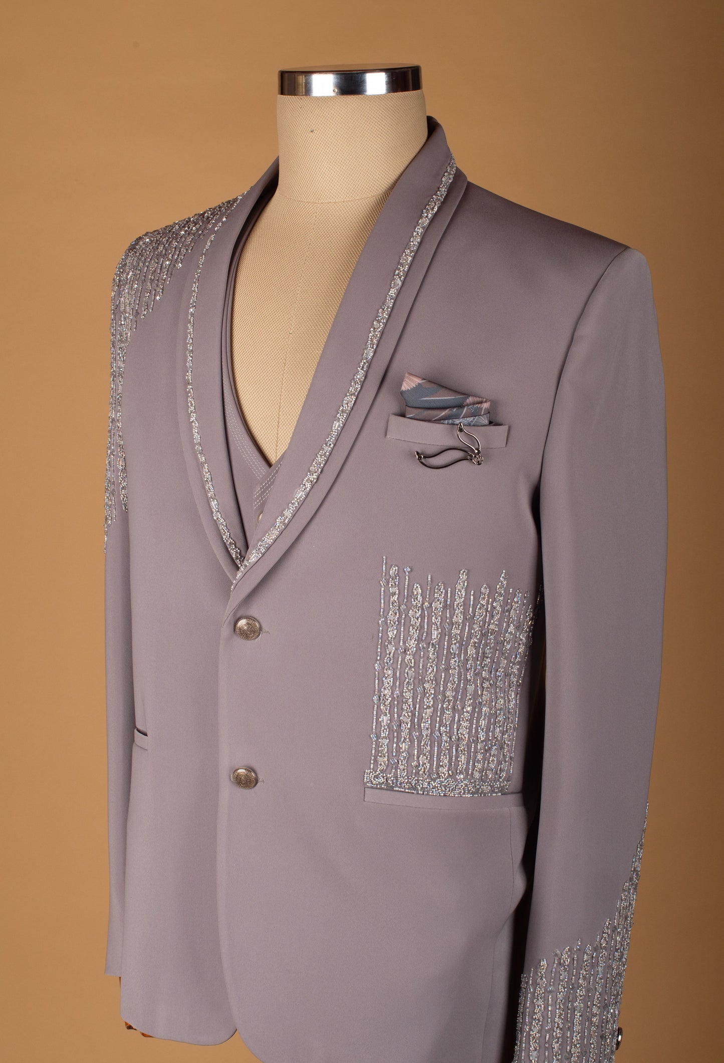 Taupe Embellished Three-Piece Suit with Beaded Detailing and Bow Tie