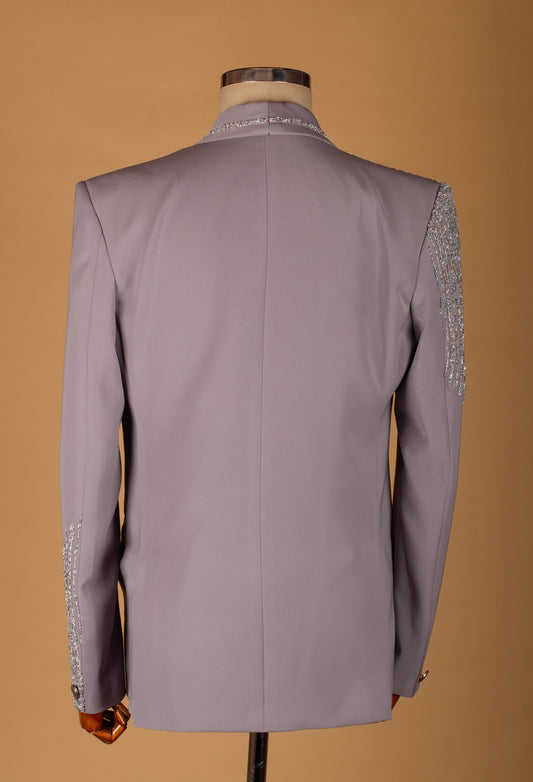 Taupe embellished three-piece suit with beaded detailing and bow tie – product image 2