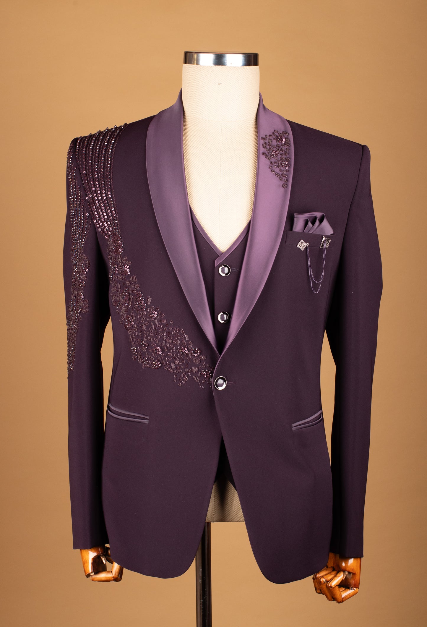 Plum Embellished Suit with Satin Lapel and Shoulder Beadwork