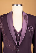 Plum Embellished Suit with Satin Lapel and Shoulder Beadwork