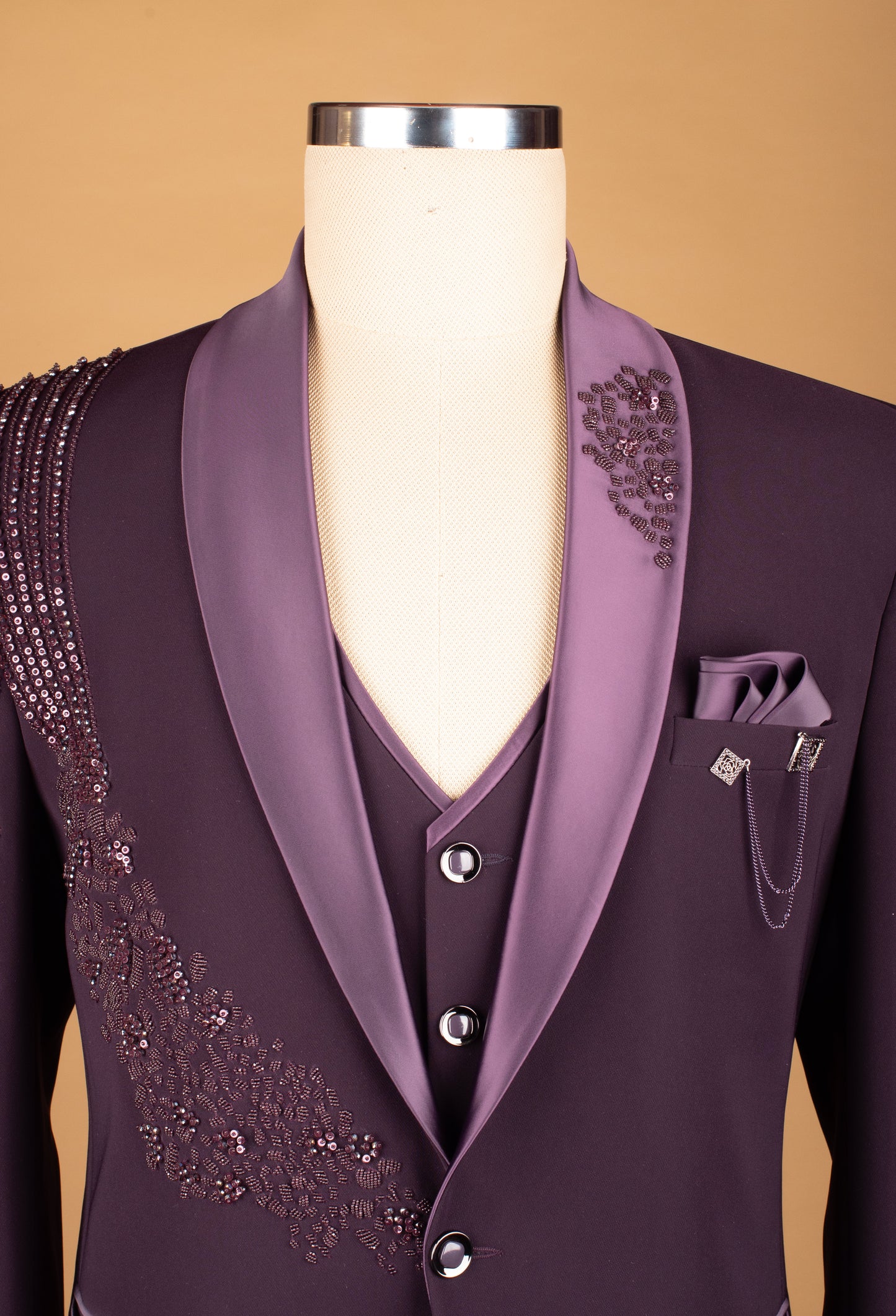 Plum Embellished Suit with Satin Lapel and Shoulder Beadwork