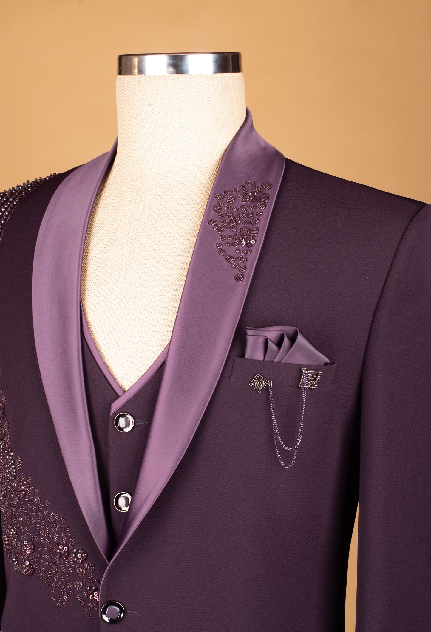 Plum Embellished Suit with Satin Lapel and Shoulder Beadwork