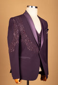 Plum Embellished Suit with Satin Lapel and Shoulder Beadwork