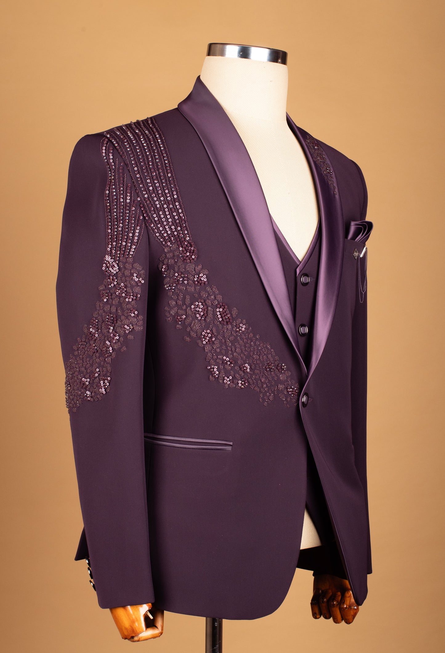 Plum Embellished Suit with Satin Lapel and Shoulder Beadwork