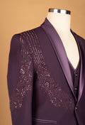 Plum Embellished Suit with Satin Lapel and Shoulder Beadwork
