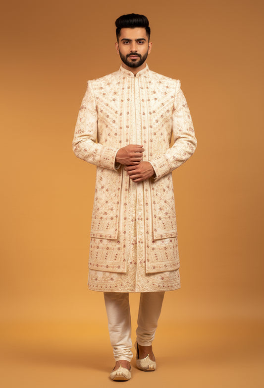 Ivory and Maroon Hand-Embroidered Sherwani