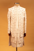 Ivory and Maroon Hand-Embroidered Sherwani