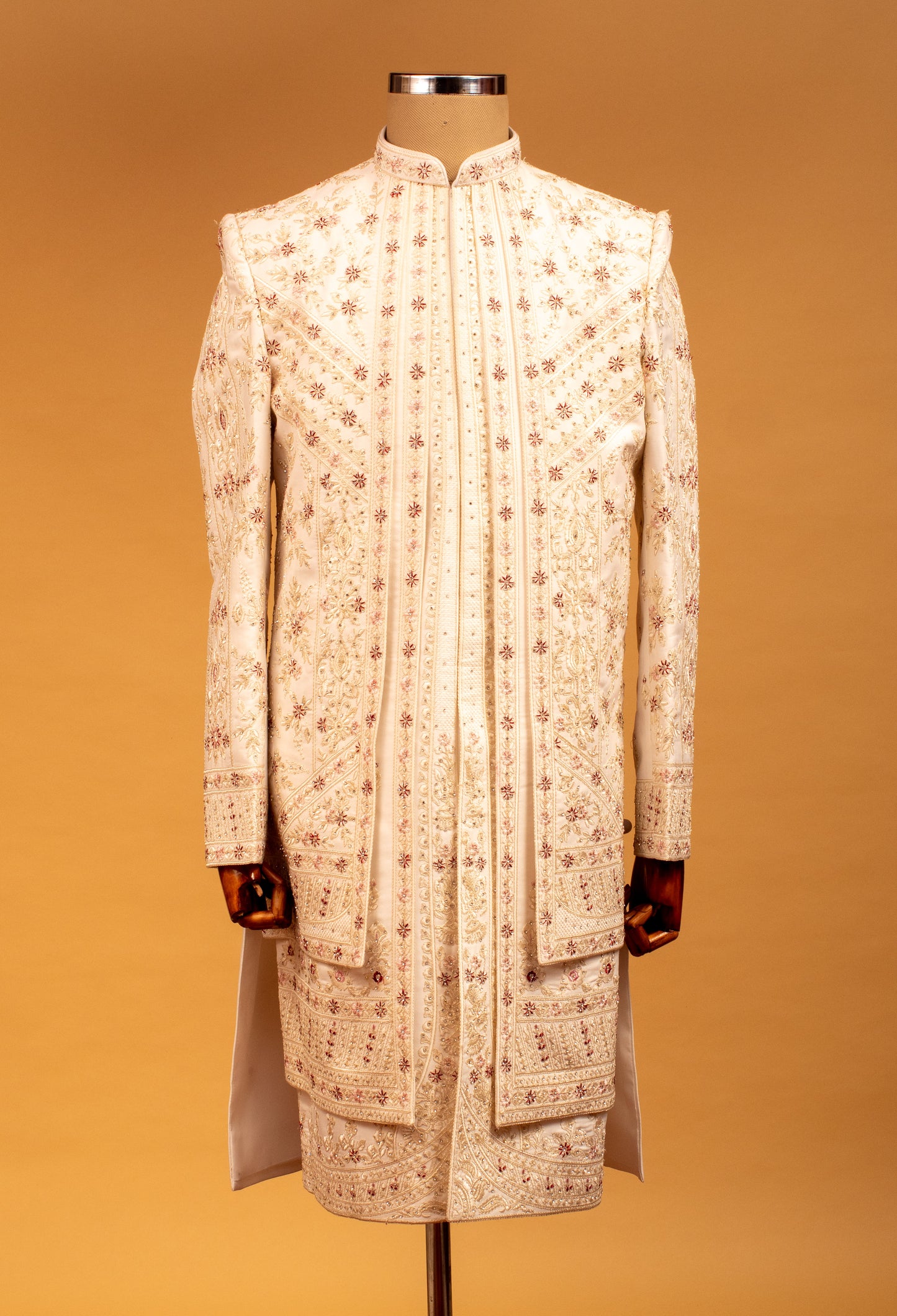 Ivory and Maroon Hand-Embroidered Sherwani