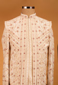 Ivory and Maroon Hand-Embroidered Sherwani