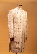 Ivory and Maroon Hand-Embroidered Sherwani