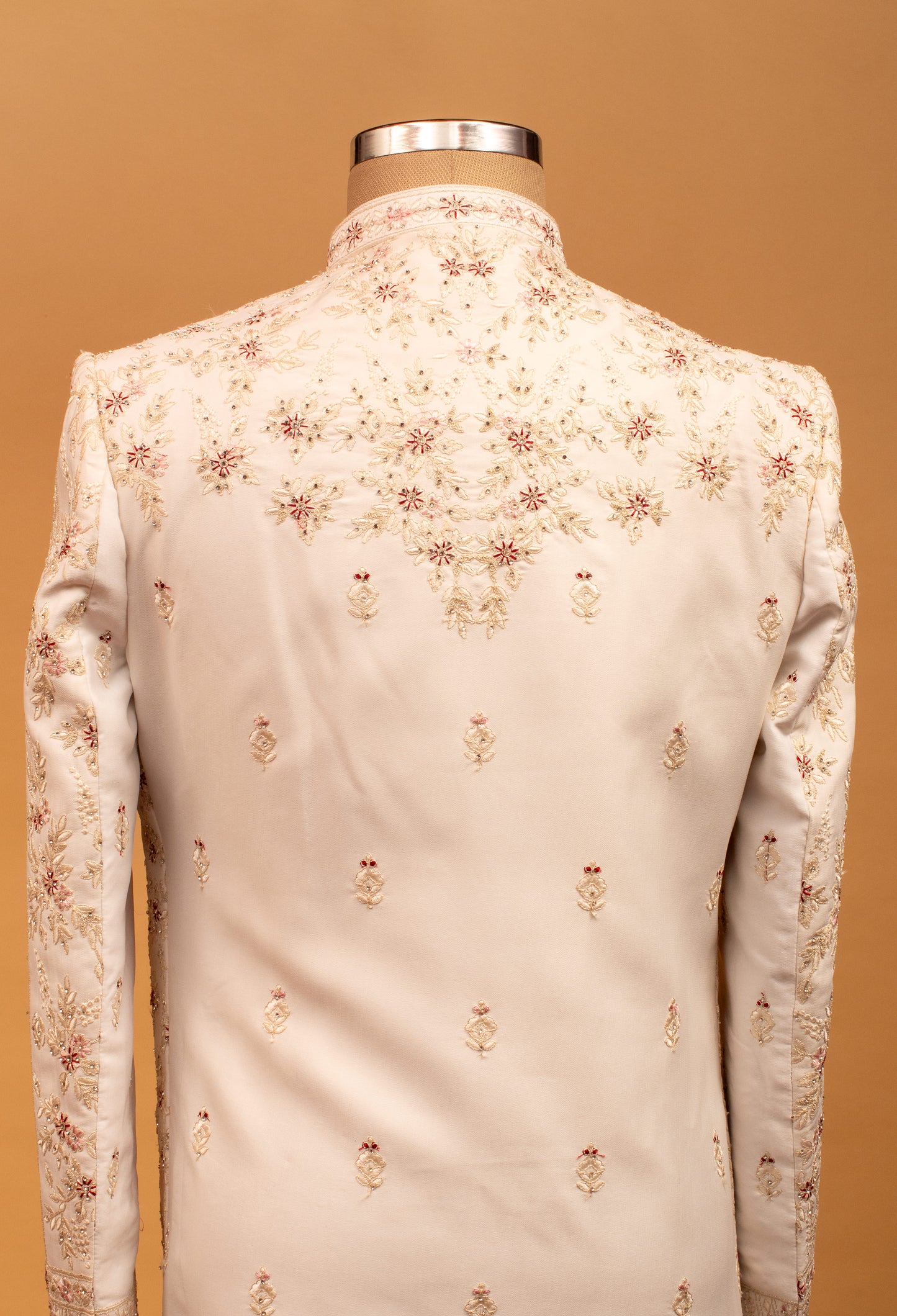 Ivory and Maroon Hand-Embroidered Sherwani