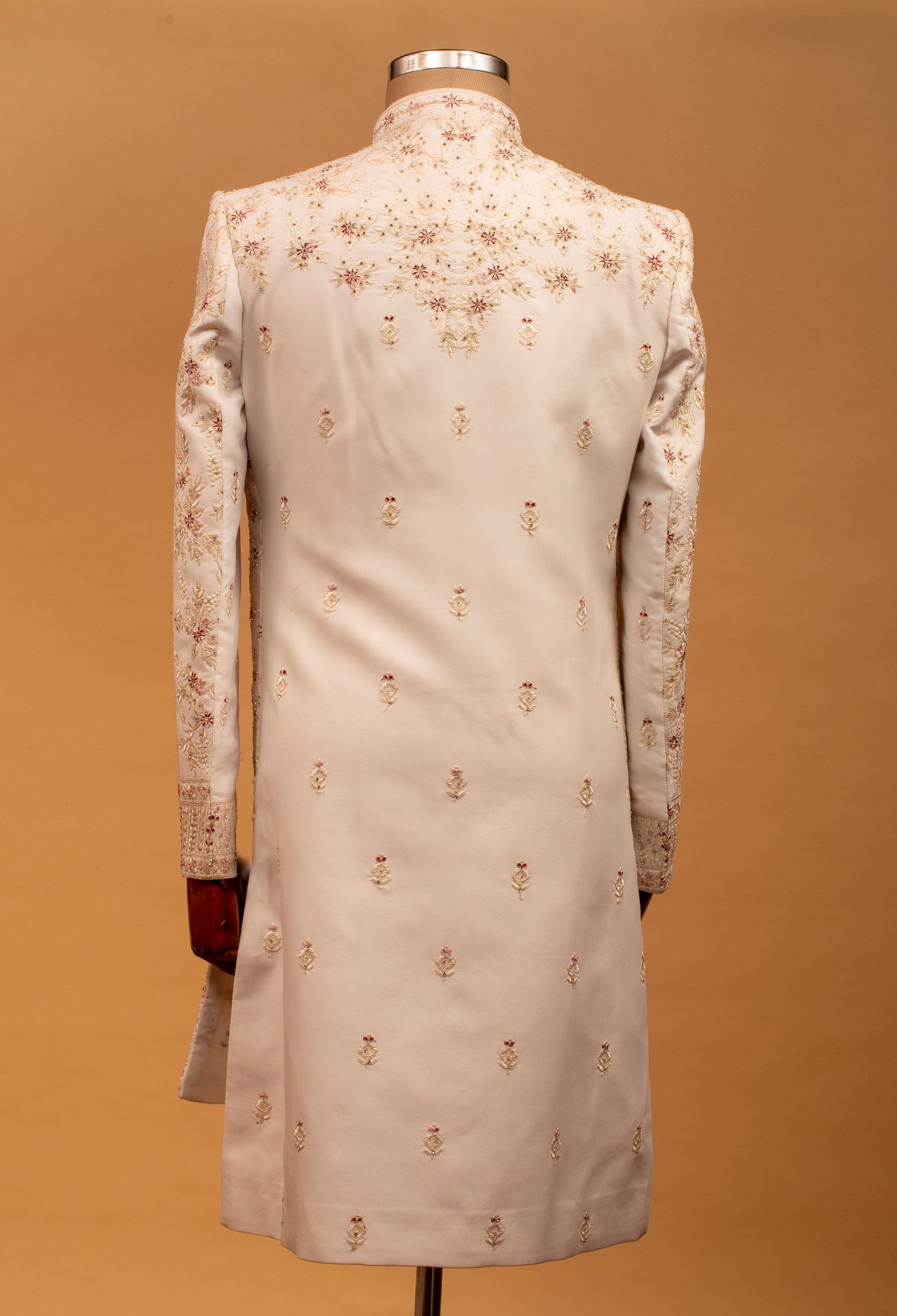 Ivory and Maroon Hand-Embroidered Sherwani