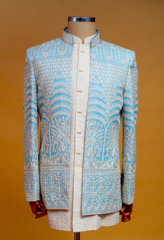 Powder Blue Hand-Embroidered Sherwani