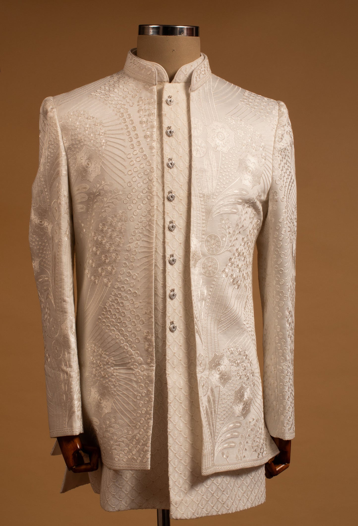 Ivory Textured Embroidered Sherwani